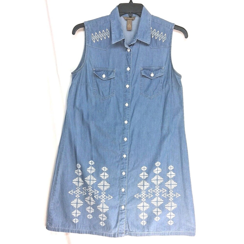 Bit & Bridle Western Dress Women M Chambray Blue Cowgirl Summer Button Front